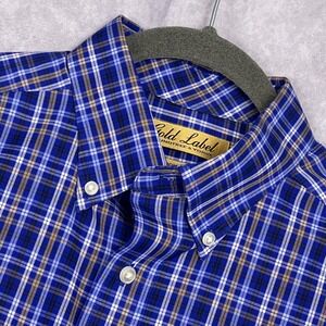 Roundtree & Yorke Button Down Mens Medium Blue Plaid Excellent Non-Iron Cotton